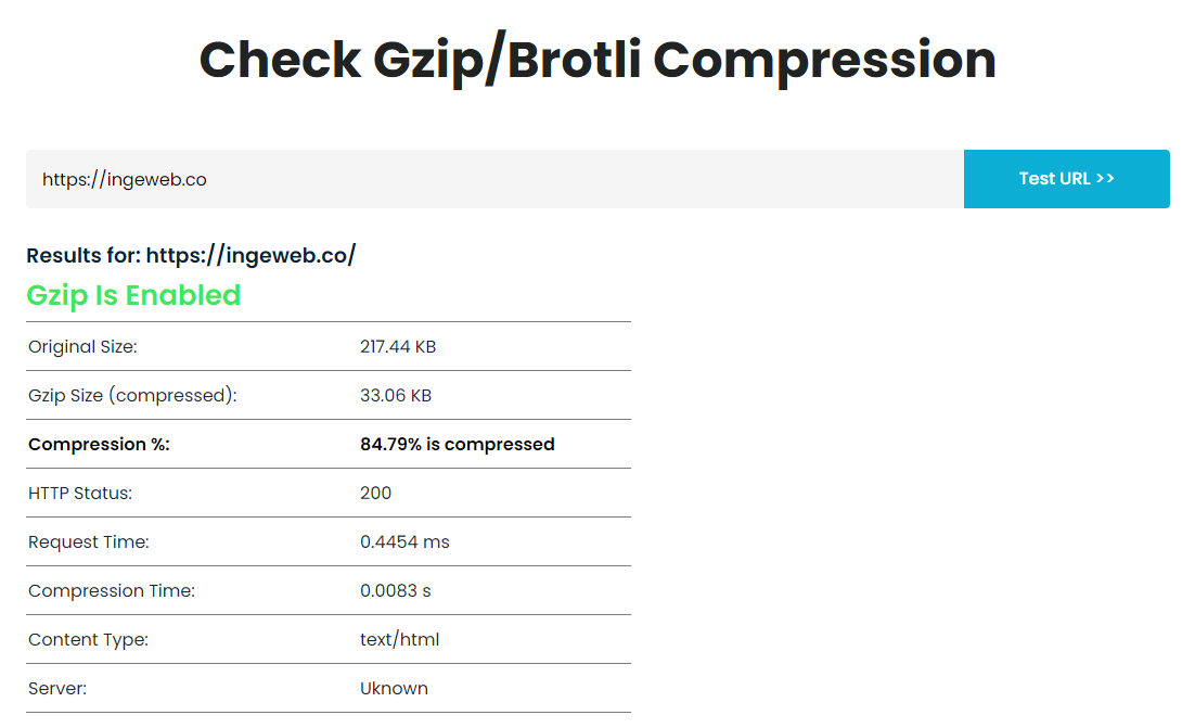 Resultado del test: "Gzip habilitado" en la página web de ingeweb.co
