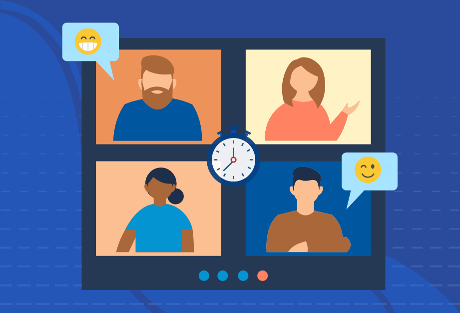 Interfaz gráfica de una reunión virtual con cuatro participantes, mostrando emojis y un reloj en la pantalla