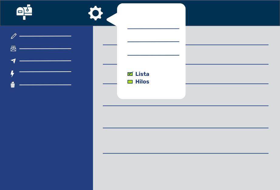 Interfaz de usuario con una lista de herramientas a la izquierda y una nota adhesiva con opciones de 'Lista' y 'Hilos' a la derecha.