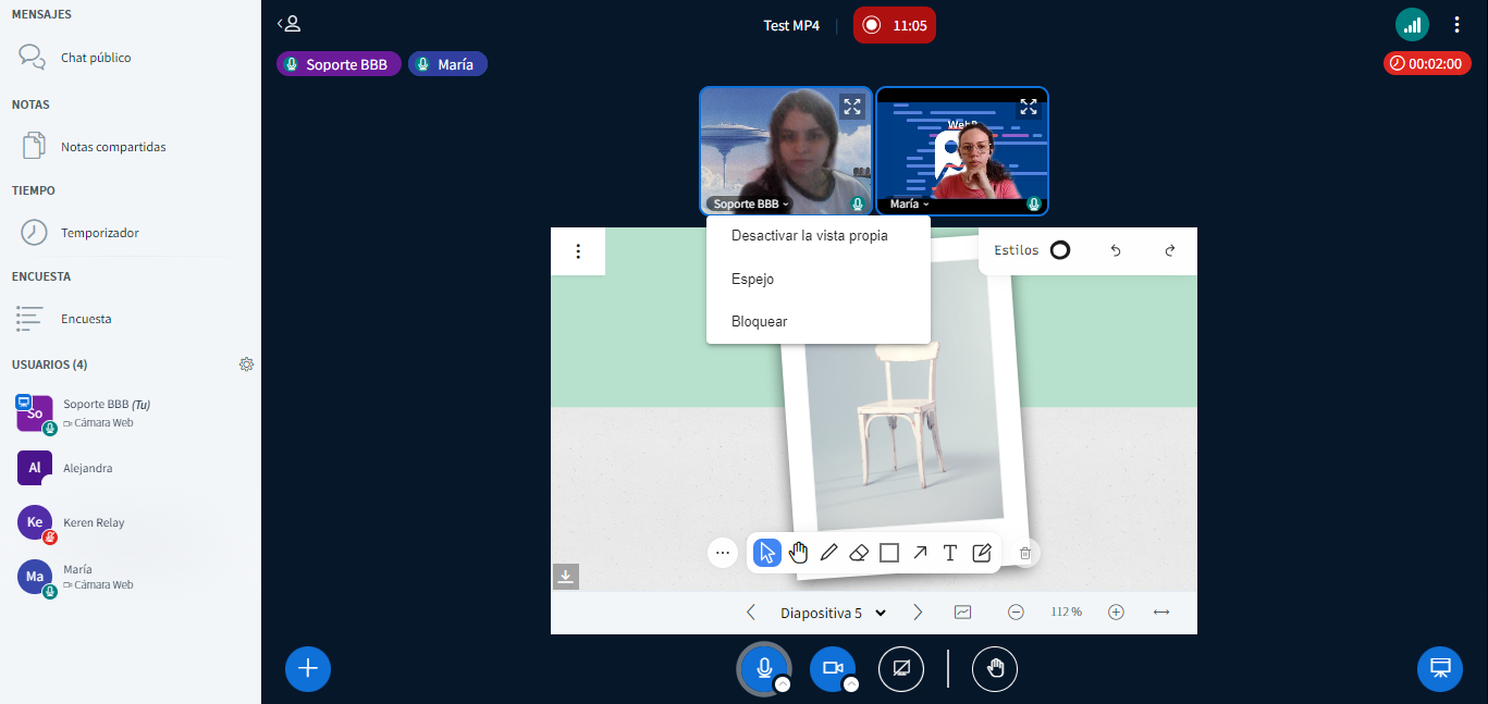 Interfaz de BigBlueButton durante una sesión virtual mostrando la opción de deshabilitar la vista propia de cámara