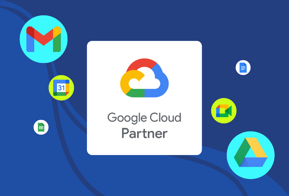 Logotipo de Google Cloud Partner con íconos de aplicaciones de Google como Gmail y Google Drive alrededor