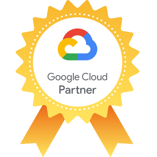 Logotipo de Google Cloud Partner en un sello dorado con cintas naranjas.