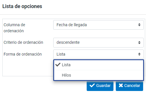 Menú de configuración de correo con opciones para ordenar mensajes por fecha, criterio y forma de visualización.