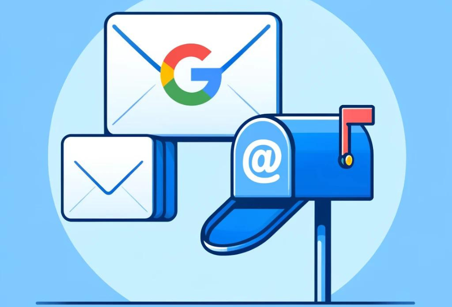 Buzón azul con sobres de correo y el logotipo de Google, representando el servicio de correo de Google Workspace