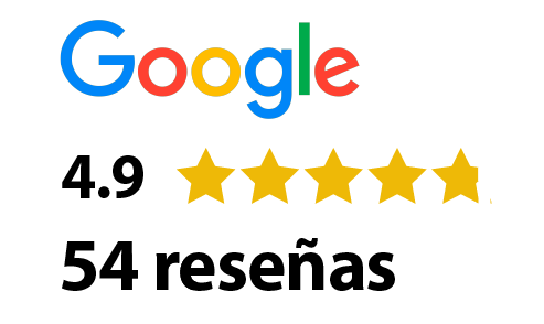 Logo de Google con cinco estrellas doradas debajo y la calificación 54 en reseñas.