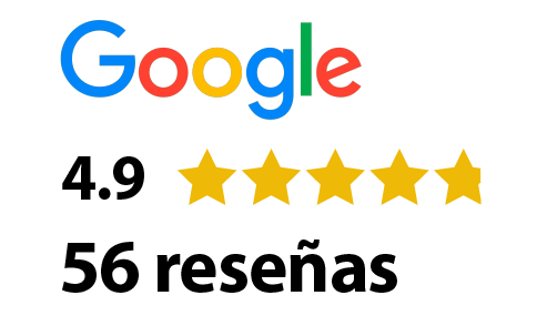 Logo de Google con cinco estrellas doradas debajo y la calificación 54 en reseñas.