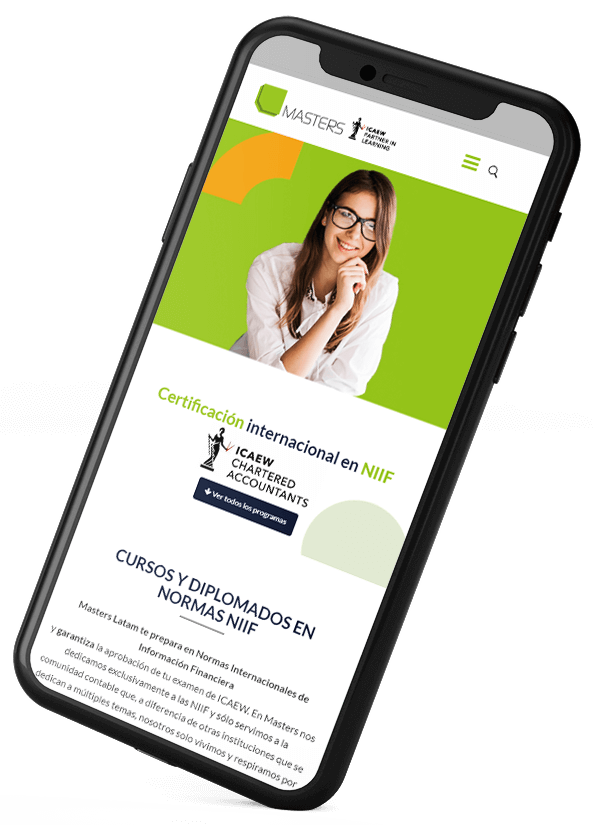 Teléfono móvil que muestra la página web realizada para Masters Latam