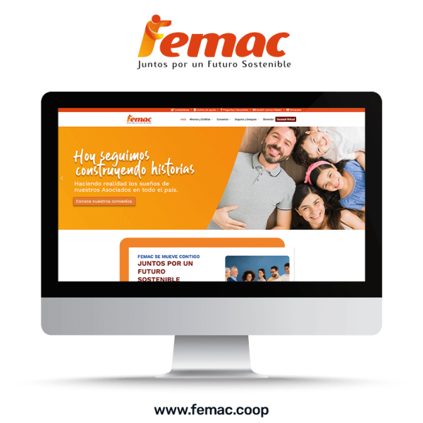 Monitor de computador que muestra la página web de FEMAC Cooperativa