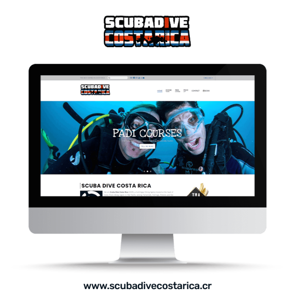 Monitor de computador que muestra la página web de Scuba Dive Costa Rica